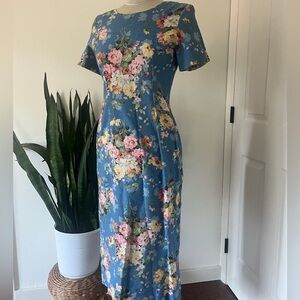 Vintage Linen Floral Blue Dress Cottagecore